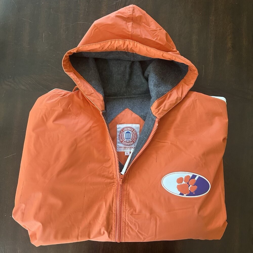 Clemson Men’s Jacket Hooded Fleece-Lined Wind Rain Coat Vinyl Tigers Orange XL